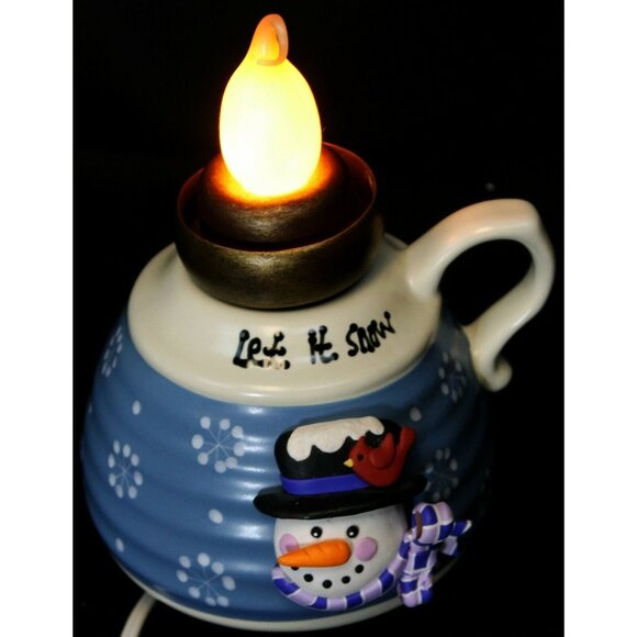 Blue Let it Snow Candle Lamp Snowman Face Snowflakes Handle Jug Winter Xmas - Picture 1 of 12